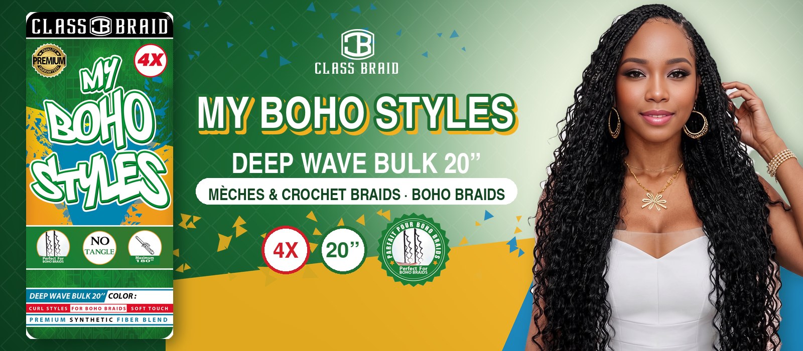 My Boho Styles Deep Wave 20" x4 – Mèches crochet braids Class Braid Mèches crochet braids My Boho Styles Deep Wave Bulk 20 pouces Class Braid, lot de 4, idéales pour boho braids